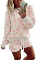 Ekouaer Fuzzy Fleece Pajamas 2 Piece Warm Soft Lounge Set Long Sleeve Sweater Top and Shorts Loungewear Outfits Sweatsuits