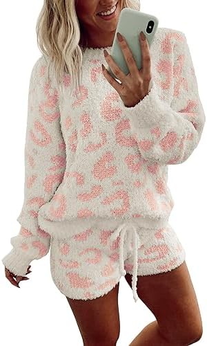 Ekouaer Fuzzy Fleece Pajamas 2 Piece Warm Soft Lounge Set Long Sleeve Sweater Top and Shorts Loungewear Outfits Sweatsuits
