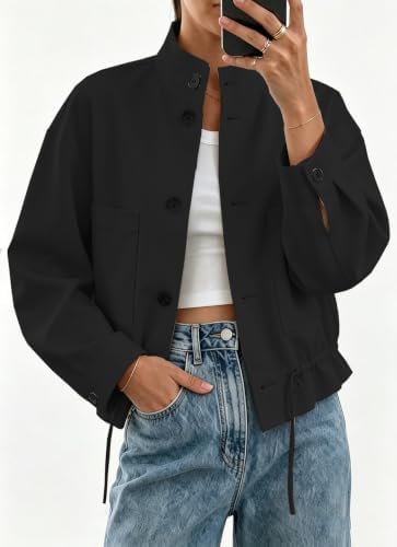 Womens Funnel Neck Jackets Fall Casual Ruffle Hem Cropped Coats