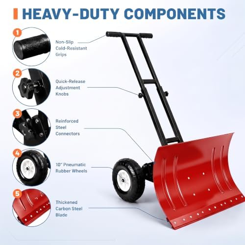 GarveeLife Wheeled Snow Shovel - 29in Steel Blade, 10in Wheels Red/Black