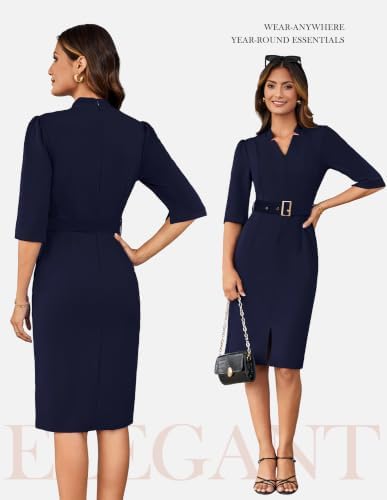 GRACE KARIN Women's Work Dress 3/4 Sleeve V Neck Bodycon Dress with Belt