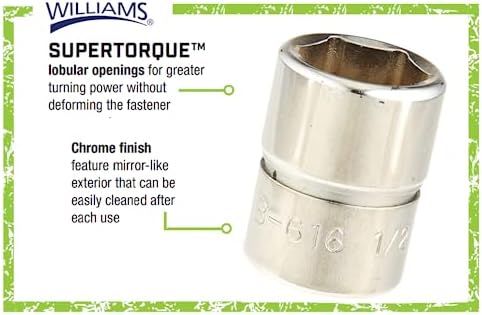Williams JHWB-616 3/8-Inch Drive Shallow SAE 6 Point Socket, 1/2-Inch, High-Polished Chrome Finish