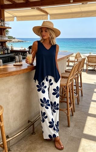 WIHOLL Two Piece Sets for Women Dressy Lounge Sets Summer Outfits Cruise Travel Beach Vacation Casual Wide Leg Pants Set