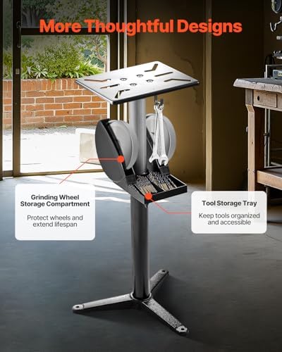 VEVOR Bench Grinder Stand, Bench Grinder Vise Floor Pedestal with 12" x 10" Mounting Plate, 5-Level Height Adjustable Pedestal Stand with Grinding Wheel Storage Compartment & Heavy-Duty Cast Iron Base