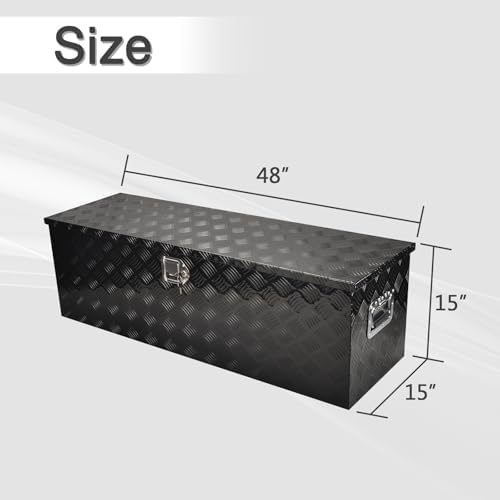 48 Inch Heavy Duty Aluminum Truck Tool Box Pick Up Truck Bed RV Trailer Toolbox Storage Organizer with Side Handle, Lock & Keys，Black,5 Bar Tread 48"(L) X15''(W) X15(H) Storage Box