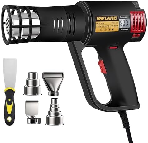 Digital Display Heat Gun 1300W, Variable Temperature 122°F-1202°F/50°C-650°C, 5 Speed & Temp Settings, Overheat Protection with 4 Nozzles for Shrink Wrapping, Electronics, Crafts