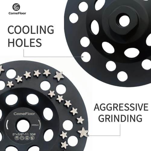 Diamond Grinding Cup Wheel for Concrete & Masonry, 36 Aggressive Star Segments, 5 Inch 5/8"-11 Thread, 30 Grit