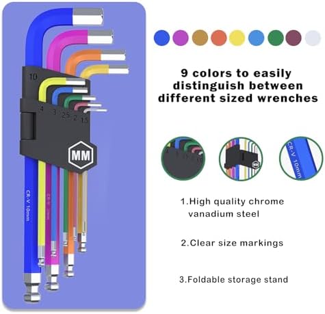 9 PCS Allen Key Set Metric Allen Wrenches Set Long Arm Ball End Hex Key Wrench Set 1.5 to 10mm