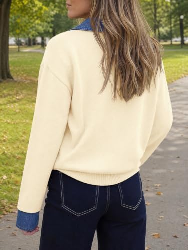 Saodimallsu Womens Denim Patchwork Sweaters V Neck Polo Pullover Tops