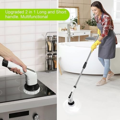 Electric Spin Scrubber with Digital Display, Cordless Cleaning Brush, 3000mAh Battery (90 Min), 8 Replaceable Brush Heads, Adjustable Extension Handle, Dual Speed Power Scrubber for Tub, Tile & Floor