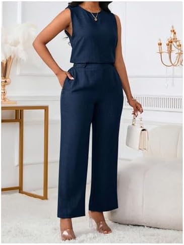 Floerns Women's 2 Piece Sets Dressy Outfits Bussiness casual Crew Neck Sleeveless Blouse and Elegant Pants Set