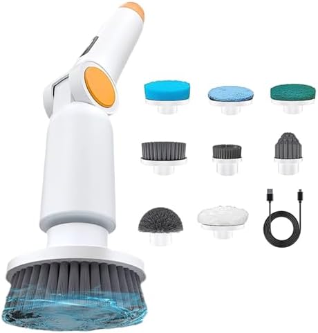 Electric Spin Scrubber 9-in-1, Cordless Power Scrubber for Bathroom and Kitchen with Adjustable Extension Handle, 1500 RPM Motor, IPX7 Waterproof Body, Digital Power Display, White and Orange