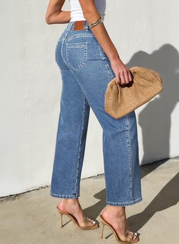 Sidefeel Women's Straight Leg Jeans High Waisted Stretchy Jeans Zimbaplatinum Wide Leg Ankle Denim Pants with Pockets