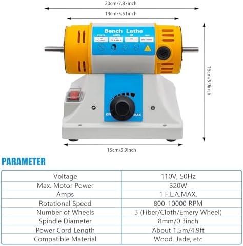 Jewelry Polisher 320W 800-10000RPM Variable Speed Bench Buffer Jewelry Polishing Machine with Accessories Multi-Function Benchtop Polisher Grinder for Jewelry Wood Metal Yellow 110V