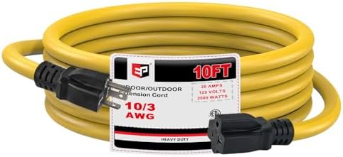 EP 10 Ft 10 Gauge Outdoor Extension Cord with T-Blade Plug, Heavy Duty NEMA 5-20 P/R Power Cord, 20A 125V 10/3 STW Cable for Lawn, Garden, Appliance, Yellow