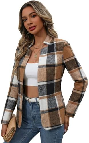 Mina Self 2026 Fall Women's Open Front Tweed Blazer,Plaid Fitted Jacket
