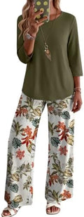 WIHOLL Two Piece Sets for Women Lounge 3/4 Length Sleeve Womens Tops Graphic Pants with Pockets Summer Outfits 2026