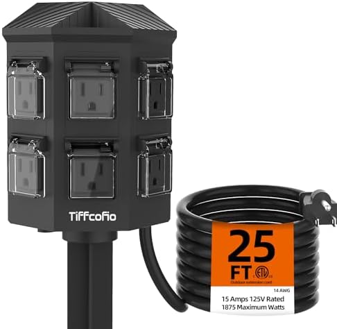 TiFFCOFiO Outdoor Power Strip Weatherproof, 25 FT Extension Cord with Stake, 6 Grounded Outlets for Yard, Pool and Garden Decorations, 15A/1875W, ETL Listed