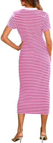 BTFBM Women Casual Summer Dresses Short Sleeve Striped Midi Dresses