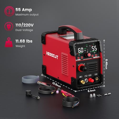 Plasma Cutter, 55Amps HEROCUT Plasma Cutter Machine CUT55i, Non-Touch Pilot Arc, 110/220V Dual Voltage IGBT Inverter, Screen Display, Air Sensor, 1/2'' Clean Cutting Thickness, 2T/4T for Beginners DIY