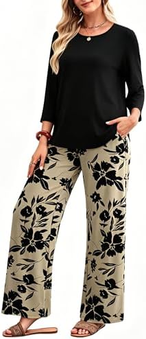 WIHOLL Two Piece Sets for Women Lounge 3/4 Length Sleeve Womens Tops Graphic Pants with Pockets Summer Outfits 2026
