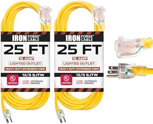 IRON FORGE CABLE 2 Pack of 25 Foot Outdoor Extension Cords - 12/3 SJTW Heavy Duty Lighted Yellow Extension Cable with 3 Prong Grounded Plug for Safety, 15 AMP - Great for Garden and Major Appliances