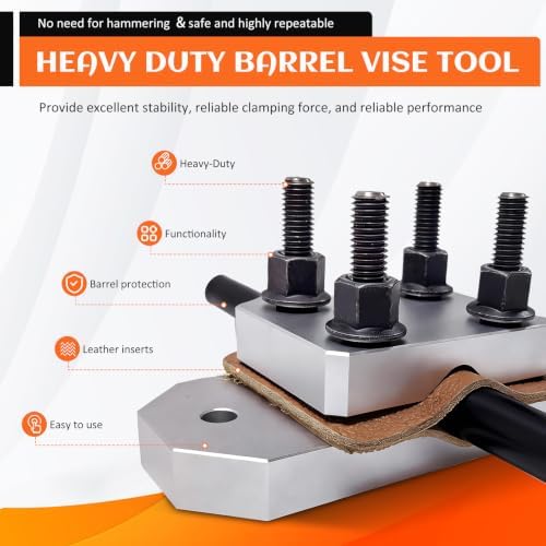 Professional Grade Heavy Duty Barrel Vise Tool, Aluminum Barrel Clamp with Leather Inserts, Universal Barrel Vise Clamp Surface Protection Design, Fits 0.67”–1.375” Outside Diameter Barrels (silver）