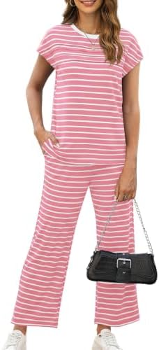 WIHOLL Two Piece Sets for Women Summer Spring Travel Vacation Outfits Cap Sleeve Lounge Matching Sets Wide Leg Pants S-3XL