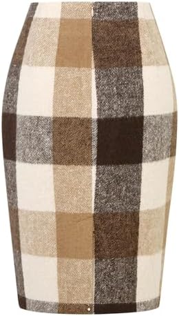 IDEALSANXUN Plaid Skirts for Women Fall Winter Knee Length Pencil Wool Skirt with Slit