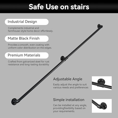 13FT Metal Staircase Hand Rail, Wall-Mounted Industrial Pipe Stair Handrail | Black Galvanized Iron Handrails for Garage, Porch, Toilet, Yard and Garden, Vintage Railing for Outdoor Indoor Stairs