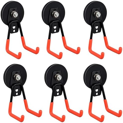 ULIBERMAGNET Heavy Duty Magnetic Garage Hooks,6 Pack Strong Large Magnet Hooks for Power Drill,Garden Tools,Hose,Pegboard,Garage, Workshop,Magnetic Storage Hook for Indoor Outdoor Hanging(Orange)