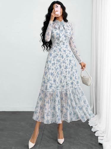GothDark Polka dot Dress for Women Tie Neck Bow Ruffle Fall Vintage Dress
