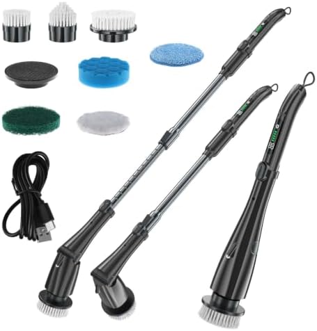 Electric Spin Scrubber, Wireless Retractable Cleaning Kit, 3 Adjustable Speed Modes, Led Light for Kitchen Bathroom Wall Tile Floor Household Daily Cleaning for Home Users Black