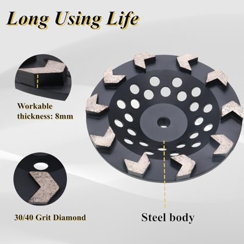 High Performance Diamond Grinding Cup Wheel, 7’’ Aggressive Arrow Segment Grinding Wheel for Concrete Thin Epoxy Coating Removal, 5/8"-11 Arbor, 30/40 Grit, 10 Segments