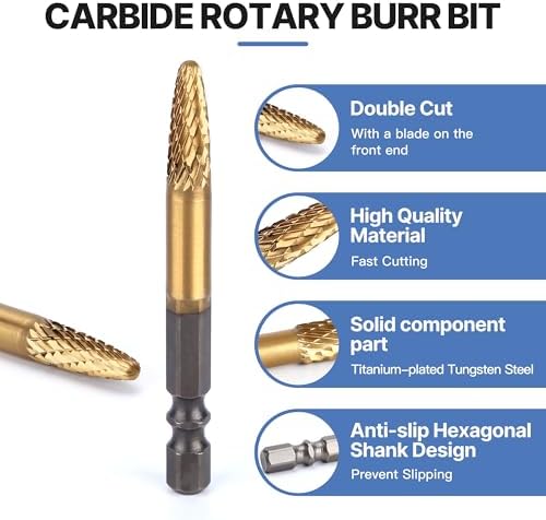 HUHAO Tungsten Carbide Rotary Burr Bit, Double Cut Carbide Burr 1/4" Shank Die Grinder Cutting Burrs Bit for Metal Working & Sturdy