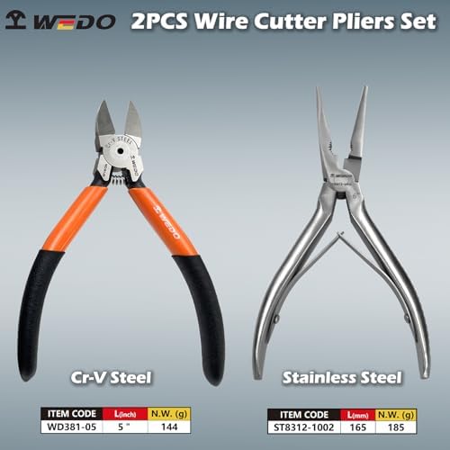 WEDO 5" Wire Cutter and Long Nose Pliers Length 165mm(6.5") Set,Stainless Steel Needle Nose Pliers, Diagonal Wire Cutting Pliers(Cr-V Steel),Corrosion Resistant,Comfort Grip Handle