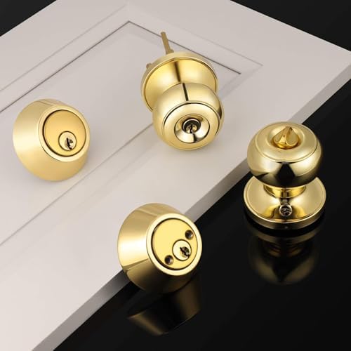 3 Pack Polished Brass Round Style Entry Door Knobs and Deadbolt Combination Set, Keyed Alike Double Cylinder Deadbolt Door Lock Set