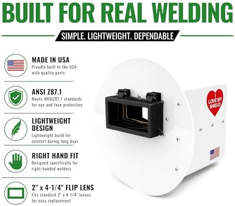 White Flip-Up Pancake Welding Hood Right Handed, 2" x 4-1/4" Lens Welding Shield, ANSI Z87.1, Lightweight Low Profile, MADE IN USA