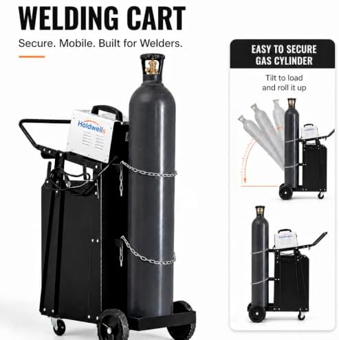 Welding Cart, 2-Tier Heavy Duty Welder Cart with 2 Drawers & Lockable Cabinet, 350LBS Load Capacity, Dual Cylinder Slots & Safety Chains, 360° Swivel Wheels for MIG Welder & Plasma Cutter