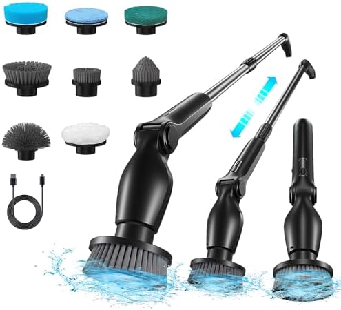 9-in-1 Electric Spin Scrubber with 9 Brush Heads Cordless Cleaning Brush Scrubber Adjustable Angle IPX5 LED Digital Display Screen Shower Cleaning Brush for Home Bathroom Kitchen (Black)