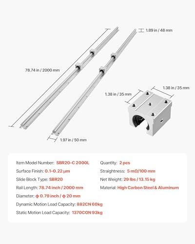 VEVOR Linear Rail Kit, SBR20, 2Pcs 2000 mm (78.74 inch) Linear Motion Guide Rails and 4Pcs Bearing Slide Blocks, Fully Supported Shaft, for Cutting, Grinding, Milling, Drilling Machines, and More