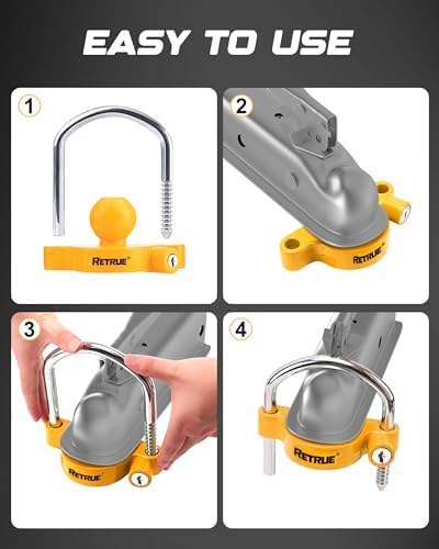 RETRUE Universal Trailer Coupler Lock, 4PC Key Alike Hitch Ball Lock,Yellow