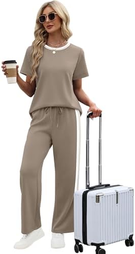 WIHOLL 2 Piece Lounge Sets for Women Matching Set Summer Outfits Short Sleeve Tops Wide Leg Pants with Pockets