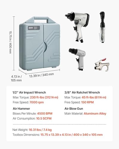 VEVOR 50 Pieces Pro Air Tool and Accessories Kit - 1/2" Air Impact Wrench, 3/8" Ratchet Wrench, 4500BPM Hammer, Blow Gun & Full Accessories for Auto Repairs, Home DIY Projects - with Storage Case