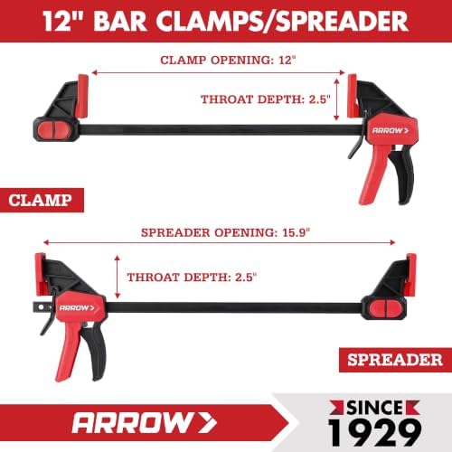 ARROW 2-Piece 12" Medium Duty Bar Clamps for Woodworking with 150LBS Force