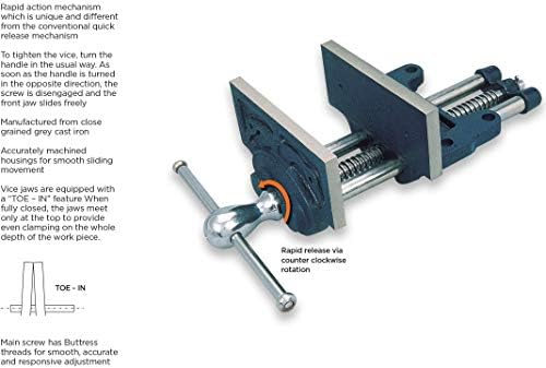 Groz 9" Rapid Action Woodworking Vise, 13-1/2" Jaw Opening, Buttress Thread Screw, Cast Iron Body with TOE-IN Jaws for Workbench Cabinet and Furniture Building (39012)