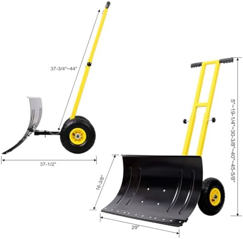 Snow Shovel with Wheels for Driveway, 29 Inch Heavy Duty Snow Pusher with Adjustable Handle & Multi-Angle Blade, Steel Wheeled Snow Plow for Sidewalk, Patio, Yard