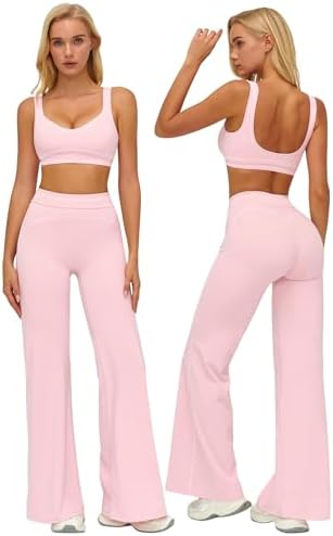 ABOCIW Two Piece Workout Sets for Women Racerback Tank Top Matching High Waist Wide Leg Yoga Pants Pilates Outfits