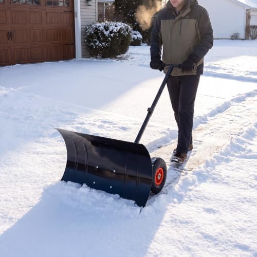 29" Snow Pusher Shovel with Adjustable Handle, Snow Shovel with Wheels, Snow Clean Tool for Driveway or Pavement, Black