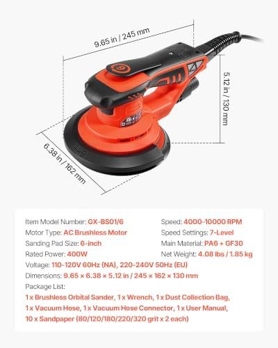 VEVOR 6-Inch Random Orbital Sander 400W Brushless Orbital Sander, 4000-10000RPM 7 Speeds Electric Palm Sanders with 10PCS Sandpapers, Dust Bag & Vacuum Hose for Woodworking Detailing Sanding